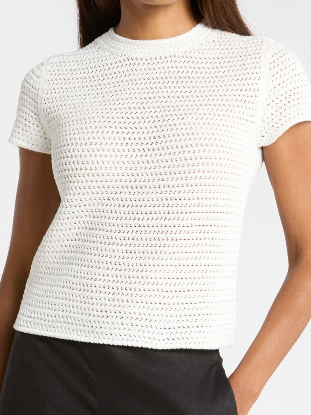 Sz XS Vince Cotton Crochet Crewneck T-Shirt Off White Crochet Short Sleeve Tee